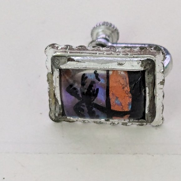 Vintage Butterfly Wing Tropical Palm Tree Beach Scenery Screw Back Earrings - Picture 3 of 4